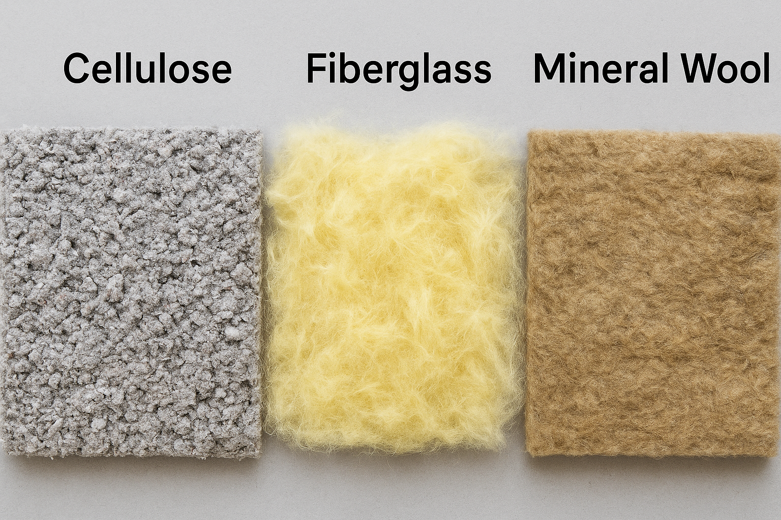 "Comparison of cellulose, fiberglass, and mineral wool insulation samples side by side"