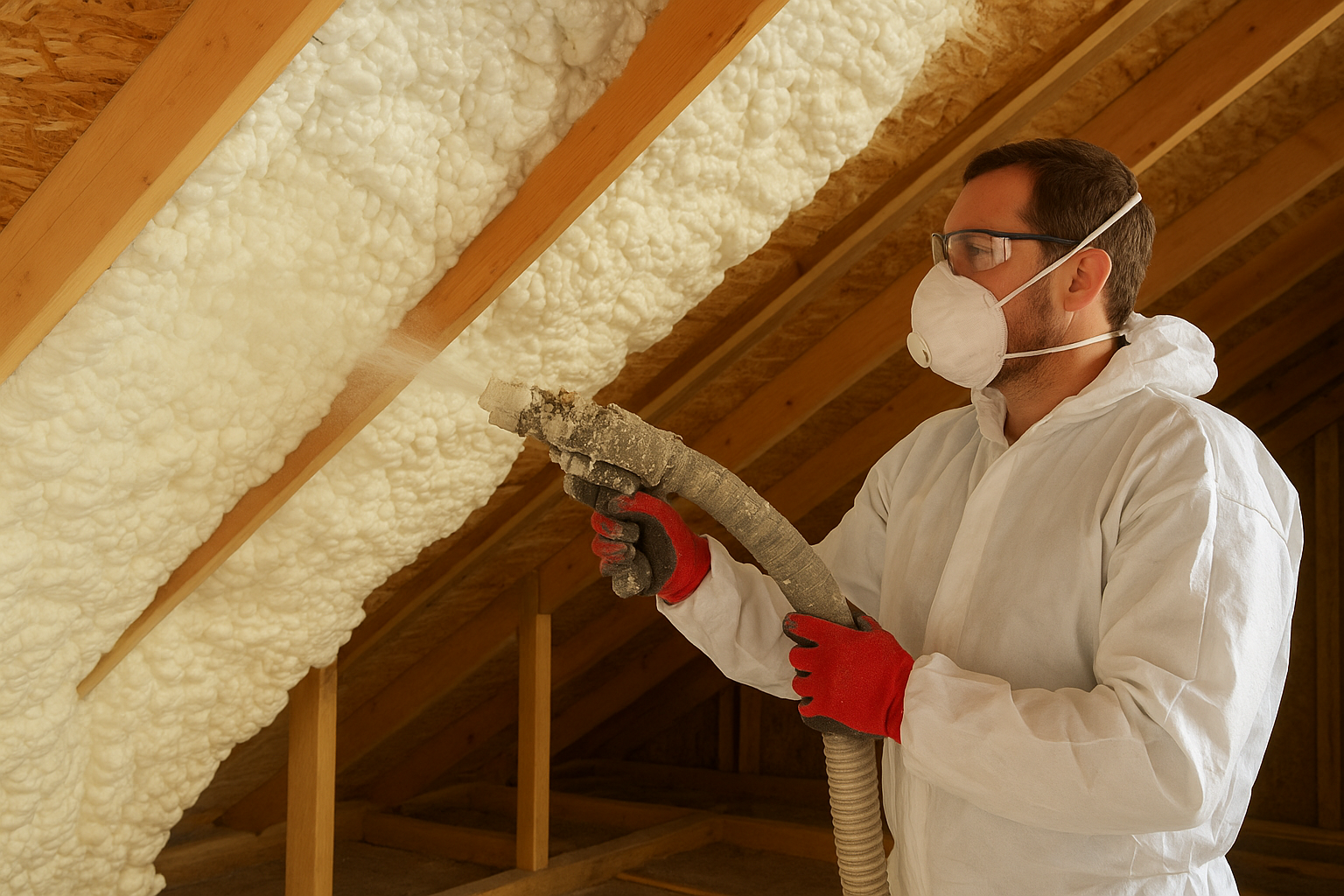 Worker applying spray foam attic insulation in Ottawa home